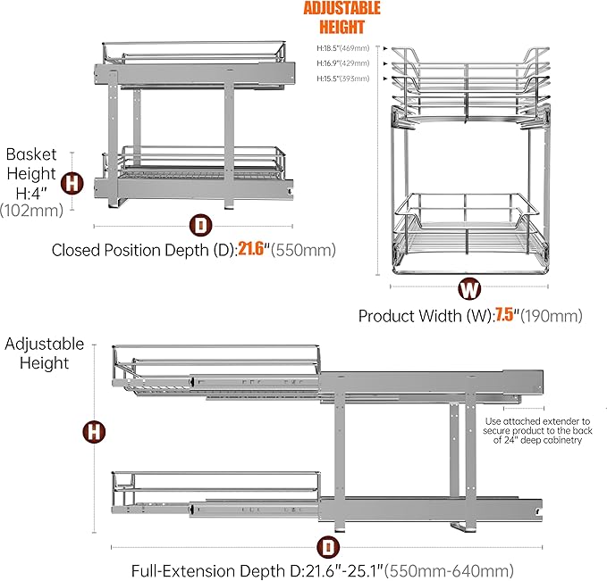 2-Tier Cabinet Pull Out Shelves (7.5" W x 22" D), Slide Out Shelves for Kitchen Cabinets, Metal Pots and Pans Organizer for Under Cabinet