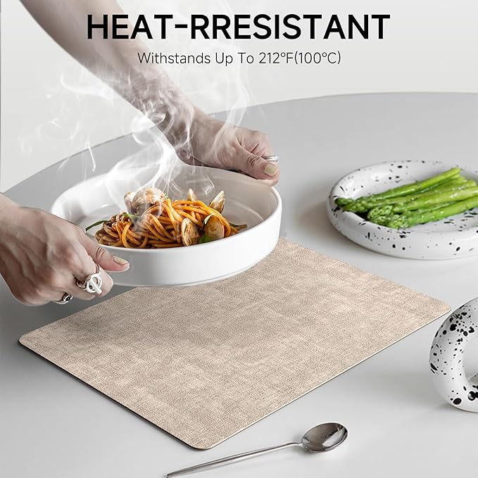 Faux Leather Vinyl Placemats Set of 6 Wipeable Heat Resistant Place Mats 100% Washable - Waterproof - Anti Slip Reversible Table Mats for Kitchen/Dining/Party/Outdoor, 12" x 16.5", Khaki