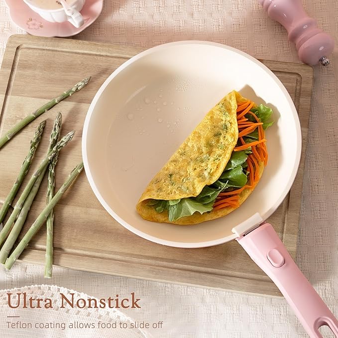 Astercook 21 Pcs Pots and Pans Non Stick Ceramic Cookware Set, Detachable Handles, RV Kitchen Cooking Set, Oven Safe, Induction Ready, Stackable, Pink