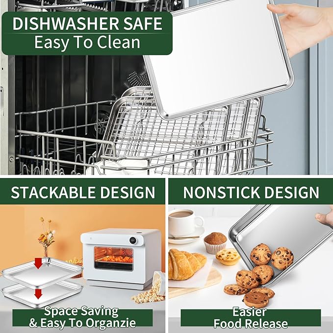 CEKEE Baking Sheet and Cooling Rack Set (2 Baking Pans + 2 Baking Racks), Stainless Steel Cookie Sheet Baking Pan Tray for Toaster Oven, Non Toxic & Heavy Duty & Easy Clean, Size 16 x 12 x 1 Inches