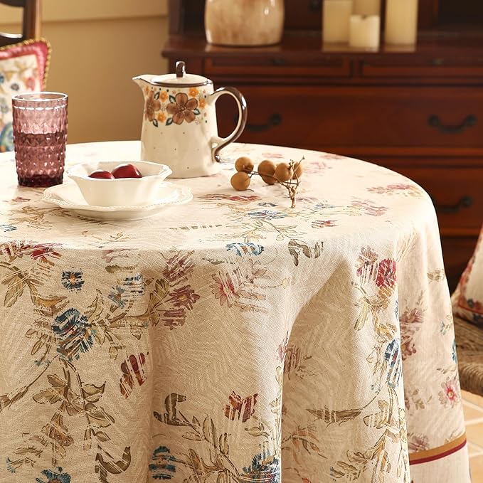 patdrea Designer Red Tablecloth for Round Tables,Vintage Linen with Animals and Flowers Pattern Tablecloths,Farmhouse Floral Table Cover Cloth Decor for Kitchen Dining Christmas,Diameter 55"