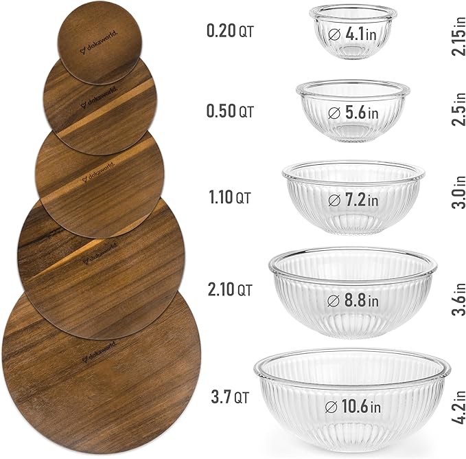 Stackable Space-Saving Set of 5 Nesting Glass Bowls with Acacia Lids for Foodprep, Storage, Mixing & Cooking - Microwave & Oven-ready BPA Free Durable Heat Resistant Inert Borosilicate Glass