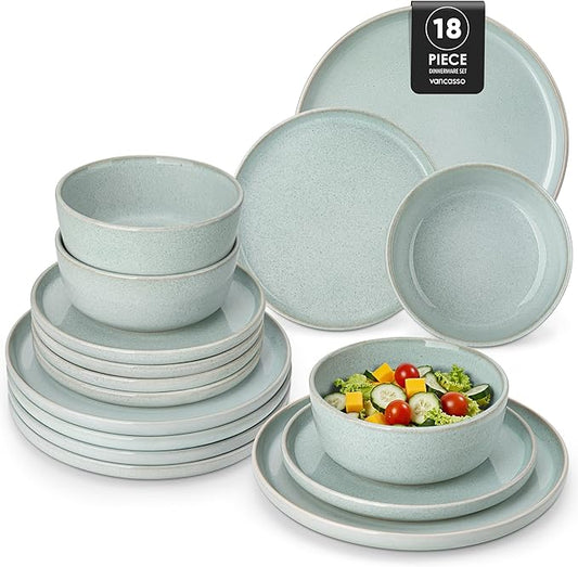 vancasso ANYA 18 Pieces Plates and Bowls Set, Mint Green Dinnerware Sets, Reactive Glaze Dishes Set for 6, Ceramic Dishware Sets Kitchen Dinner Set, Microwave & Dishwasher Safe