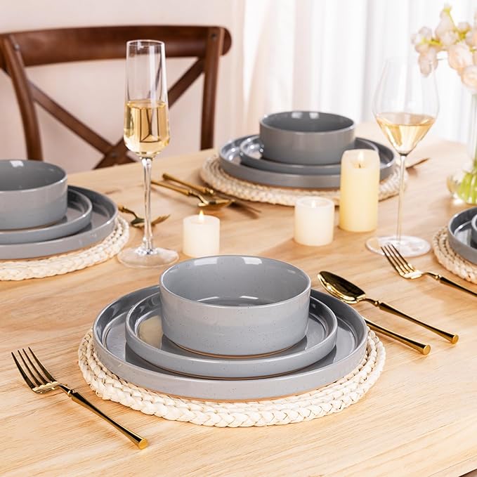 AmorArc Ceramic Dinnerware Set for 4 | Speckled Stoneware Plates and Bowls with unglazed terracotta | Scratch Resistant, Dishwasher & Microwave Safe Dishes Sets- 12-Pcs Gray