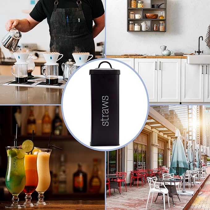 AuldHome Design Farmhouse Enamelware Straw Holder (Black); Retro Metal Straw Storage Canister