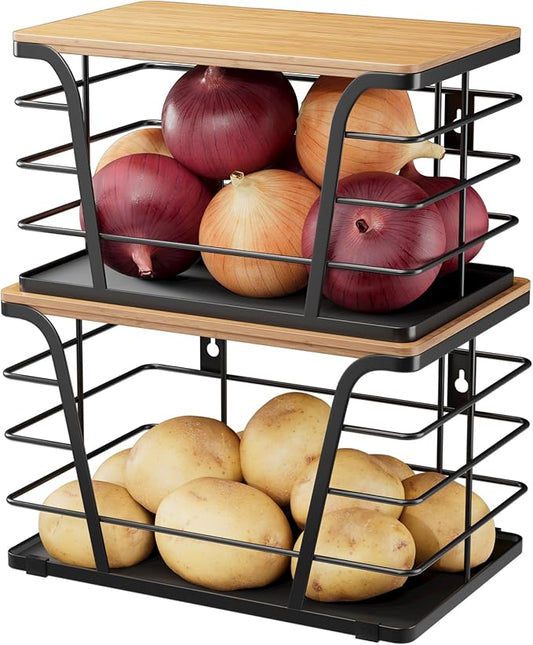 2 Pack Kitchen Organizers and Storage - Stackable Potato and Onion Storage Bin,Kitchen Cabinet Organizer with Lightweight PP Mat and Bamboo Top,Onion Basket for Kitchen Counter Organizers,Black