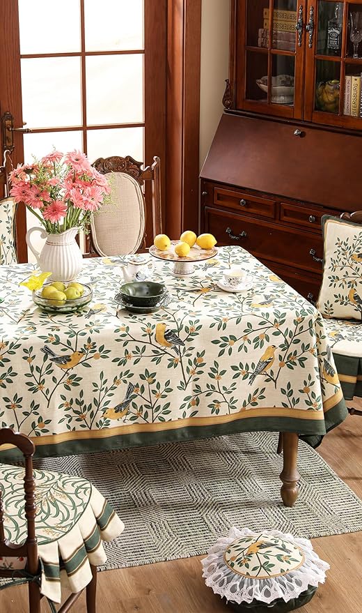 patdrea Designer French Table Cloth Rectangle Table,Green Spring Summer Linen Tablecloth,Yellow Brids and Green Leaves Pattern Tablecloths,Decor Kitchen Dining Holiday Christmas,63"x 110"