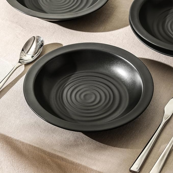 Stone Lain Orbit 24-Piece Dinnerware Set Stoneware, Plates and Bowls Set, Pasta Bowls, Microwave and Dishwasher Safe, Dish Set for 8, Charcoal