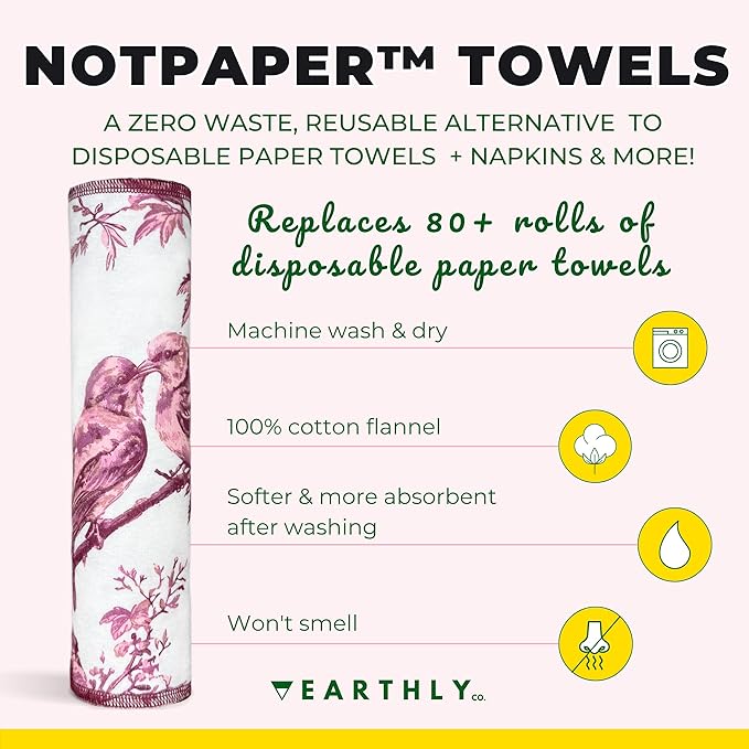 Reusable Paper Towels - 10 Pack - Roll of Washable Cotton Cloth Paper Towels - Paperless Reusable Napkins Cloth Washable - Absorbent + Long Lasting - Zero Waste Products - (Love Birds)