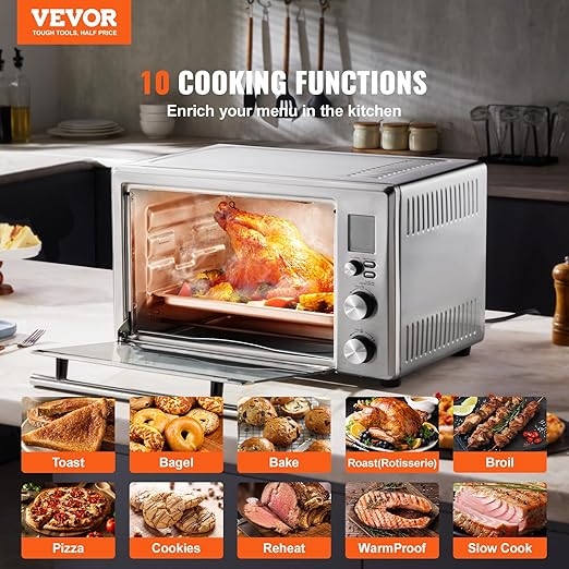 VEVOR Convection Toaster Oven, 28L/29.6Qt Large 10-IN-1 Multifunctional Convention Oven Countertop, 150F-450F Adjustable Compact Smart Oven with Trays Wire Racks Gloves, for Home Kitchen RVs etc