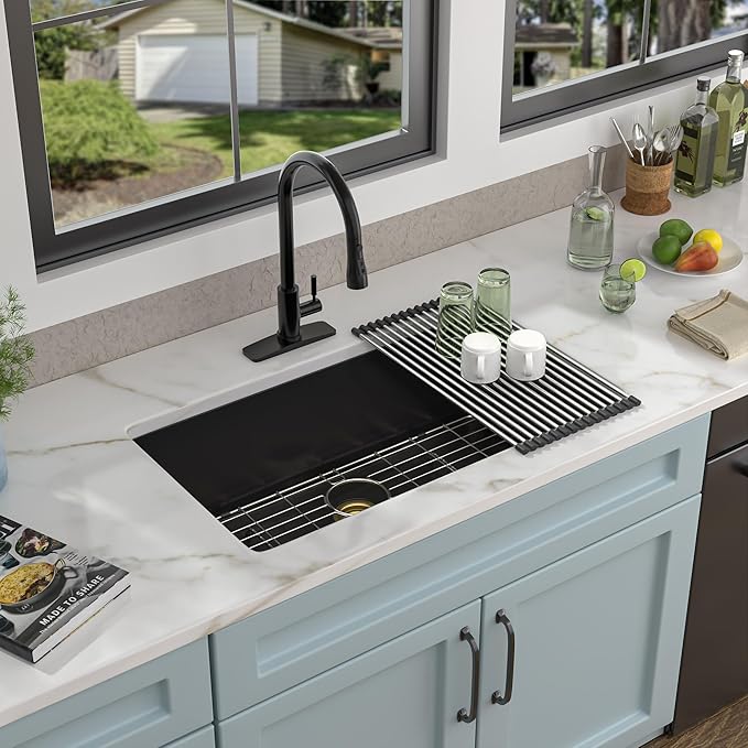 33 Granite Composite Kitchen Sink - Fulorni 33"×19" Granite Kitchen Sink Undermount Matte Black Quartz Classic Under Counter Single Bowl Basin