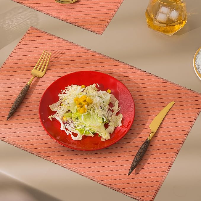 BACKTOEDEN Placemats Set of 6 Heat Resistant Washable Wipeable Placemat Woven Non-Slip Foldable Vinyl/Plastic Place Mats Indoor/Outdoor Mat Kitchen Dining Table Pad, Orange Twill