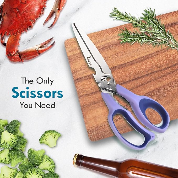 All Purpose Kitchen Scissors for Food and Heavy-Duty, Stainless Steel Cooking Shears for Chicken, Poultry, Meat, Herbs, Fish, Bones, Multi-Purpose Cooking Accessories with Cap and Sharpener