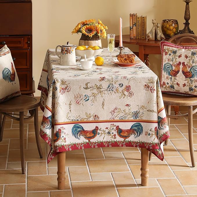 patdrea Designer Red Tablecloth for Rectangle Tables,Vintage Linen with Animals and Flowers Pattern Tablecloths,Farmhouse Floral Table Cover Cloth Decor for Kitchen Dining Christmas,63"*94"