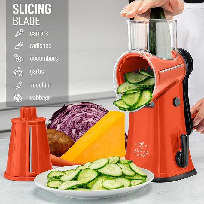 Zulay Kitchen Rotary Cheese Grater 5 Blade Cheese Shredder - Manual Hand Crank Cheese Grater With Reinforced Suction & 5 Interchangeable Drums - Easy to Use, Vegetable Chopper Round Mandoline Slicer