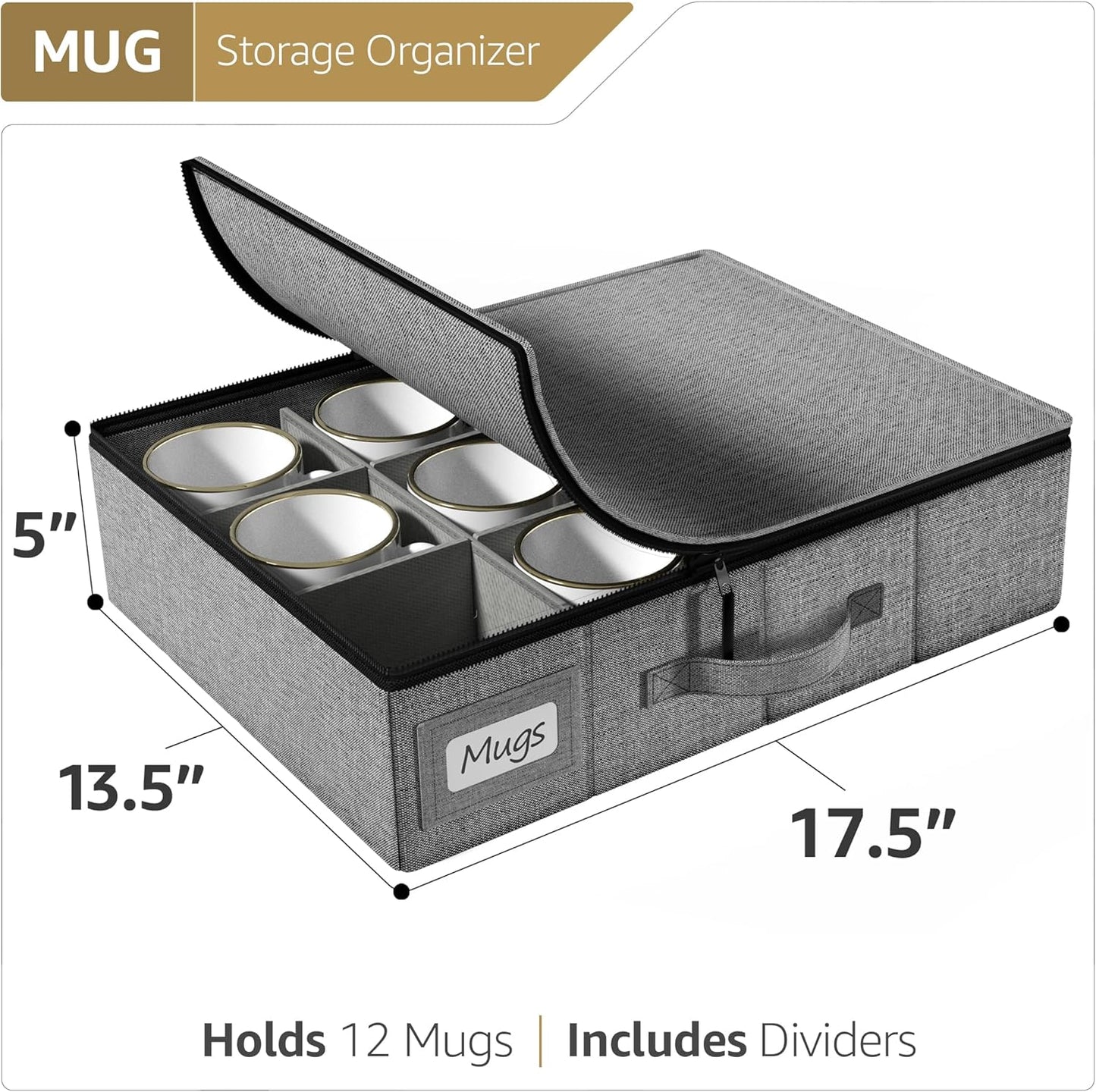 Sorbus Coffee Mug Organizer - Storage Case with Hard Shell, Label Windows, Handles & Dividers (Fits 12 Mugs)
