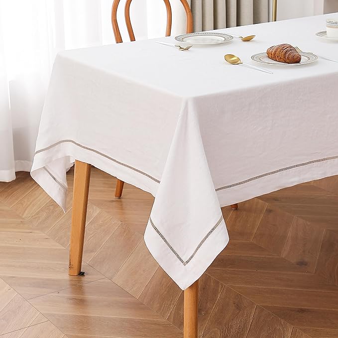 Linen World Hemstitch Linen Tablecloth,100% Natural French Flax,60x90Inch Handcrafted White-Natural Linen Table Cloth,Tabletop,Table Cloths for Kitchen,Dining,Daily Use(White-Natural)