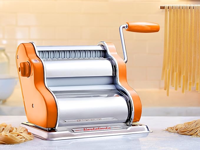 PASTALINDAClassic 200 Pasta Maker Machine, 20 cm Wide Rollers, 9 Thickness Positions, 2 Cutting Positions, Stainless Steel. Includes Reinforced Hand Crank And Two Clamps (Orange)