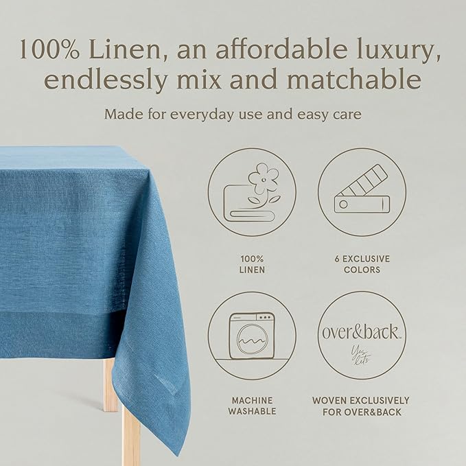 over&back 100%-Linen Woven Tablecloth - Colorful Dining Room Table Cover - Mitered Corner Hems - Machine Washable - Kitchen and Home Decor - Blue - 70x90