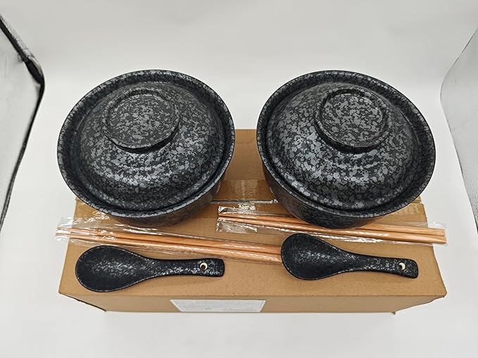 Ceramic Ramen Bowl Set, 800ml, with Lid, Spoon and Chopsticks, Japanese Vintage Large Soup Bowls Instant Noodle Bowl Asian Tableware (Black*2)