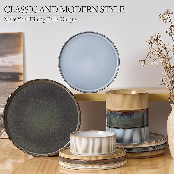 E-far 12-Piece Plates and Bowls Sets, Stoneware Dinnerware Dishes Sets for 4, Kitchen Modern Dining Dishware, Chip & Scratch Resistant, Microwave & Dishwasher Safe, Multicolor