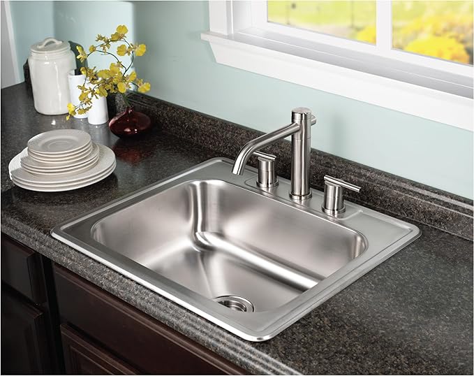 Houzer Glowtone Stainless Steel Kitchen Sink - 25 Inch Drop-In Topmount 3-Hole Single Bowl Sink, Durable & Versatile, Essential for Home & Apartment, Nested 36-Pack - 2522-8BS3-36