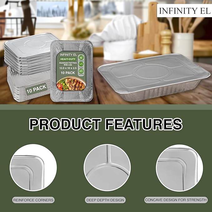 INFINITY EL Disposable Aluminum Foil Pans with Lids 10 Pack | Half-Size 12.5"x 10"x 2.5" Deep Disposable Baking Pan | Heavy Duty Aluminum Pan for Roasting Turkey, Lasagna, Thanksgiving, Christmas