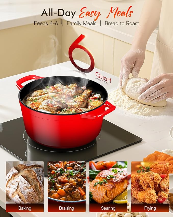 Nuwave 6QT LUX Healthy Enameled Cast Iron Dutch Oven Pot with Lid, Heavy Duty 7-Layer Enamel, Enhanced Rust Protection, Dual Handles, Oven Safe to 500°F for Sourdough Bread Baking, Braise, Stew, Roast