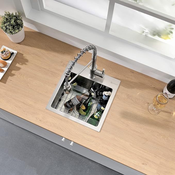 Drop In Kitchen Sink, 15 x 15 x 10 Inch 16 Gauge Single Bowl Topmount Wet Bar Sink T-304 Stainless Steel RV Kitchen Sinks