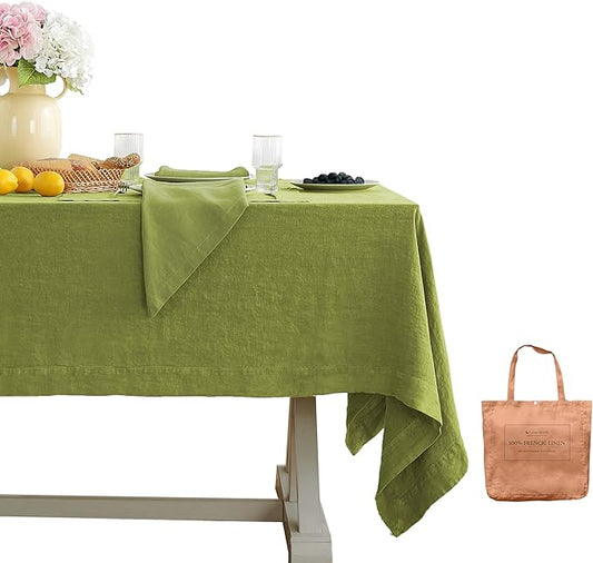 Linen World Vintage Tablecloths 60x108 Inch,100% French Linen Tablecloth,Classic Vintage Washed Table Cloths for Kitchen,Outdoor,Weddings,Decorative Valentine Easter,Moss Green