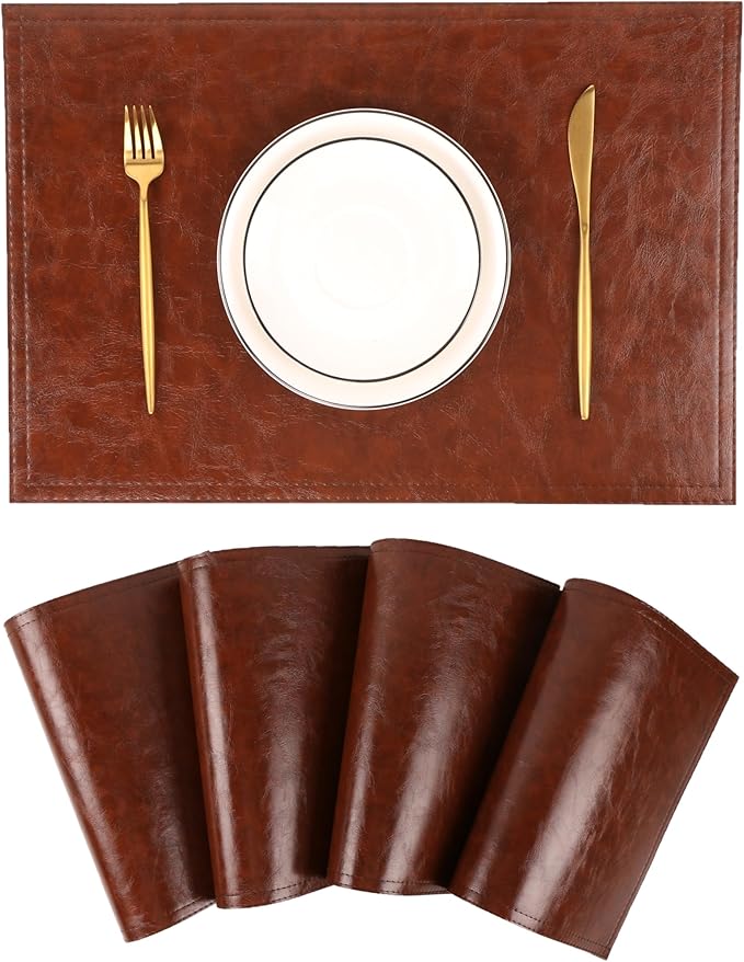 Jovono Waterproof PU Placemats, Faux Leather Dining Table Mat, Set of 8, Easy to Wipe Off Scrub Vinyl Mat, Heat & Stain Resistant for Office Conference Table, Home Décor Brown