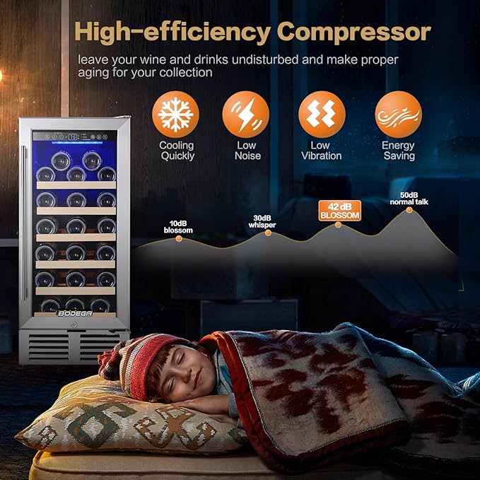 BODEGA Wine Fridge Freestanding, 15 inch Under Counter Wine Refrigerator, Cooler with App Control, Glass Door, for Kitchen, Bedroom, Home, Office, Holds 31 Bottles