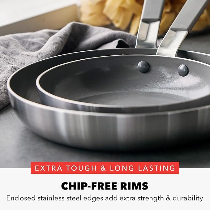 GreenPan x Bobby Flay Stainless Steel 8” & 10” Frying Pan Skillet Set, Professional Grade Tri-Ply, Multiclad, PFAS-Free Ceramic Nonstick, Induction Suitable, Dishwasher & Oven Safe, Stay Cool Handle