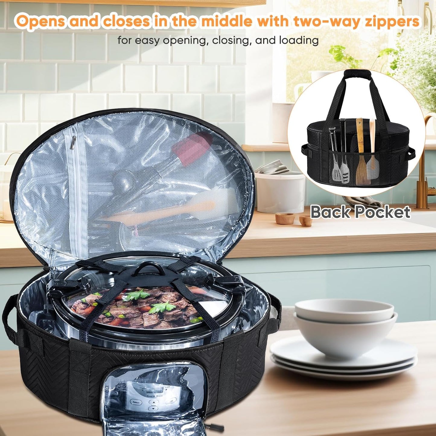 Insulated Slow Cooker Carrying Bag for 6-8 Quart CrockPot and Hamilton Beach Slow Cooker with See-thought Window, Portable Carrier Case with Adjustable Band and Accessory Pocket