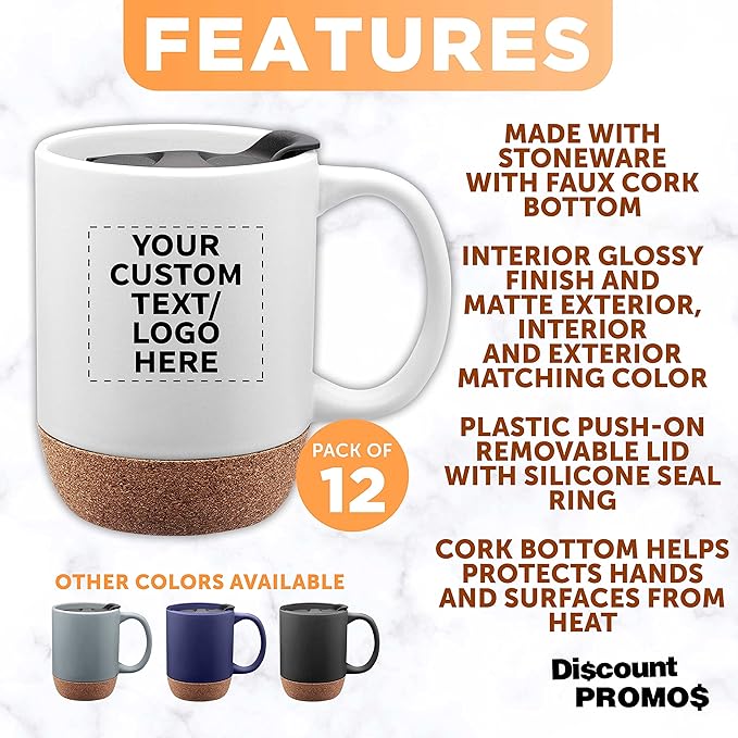 Custom Barista Ceramic Mugs with Cork Bottom 13 oz. Set of 12, Personalized Bulk Pack - Perfect for Coffee, Tea, Espresso, Hot Cocoa, Other Beverages - White