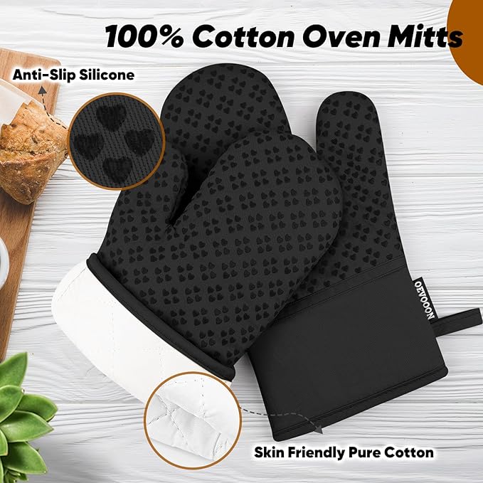 Oven Mitts and Pot Holders 4 Sets, Heat Resistant 500 ℉ Oven Mitt and Pot Holder,Oven Glove&Potholders with Non-Slip Silicone Surface,Kitchen Essentials for Cooking/Baking/BBQ-Black