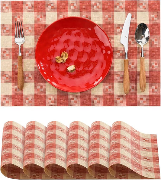 BACKTOEDEN Placemats Set of 6 Heat Resistant Washable Wipeable Placemat Woven Non-Slip Foldable Vinyl/Plastic Place Mats Indoor/Outdoor Mat Kitchen Dining Table Pad, Red Checkered