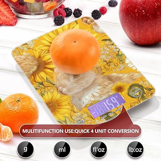 Yellow Sunflowers Bunny Food Scale Kitchen Digital Scale Food Ounces and Grams Dieting Baking Cooking Waterproof Glass Panels LCD Display,4 Units Tare Function