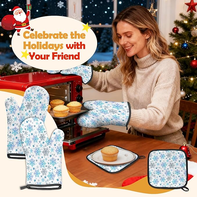 Oven Mitts Pot Holders Set 3 for Kitchen, Christmas Snowflakes Insulation Oven Gloves Heat Resistant Pot Pads Cook Essentials Accessories for BBQ Baking Cooking Kitchen Decor Gifts for Women