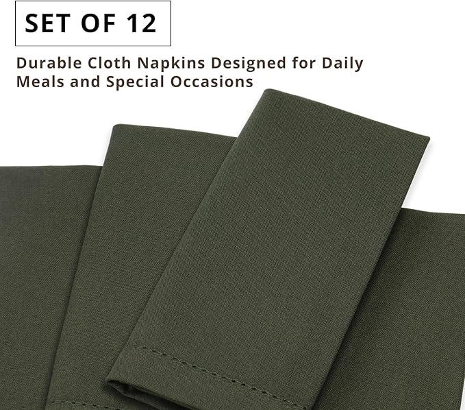 PurpleEssences Set of 12 Hemstitch Cloth Dinner Napkins 100% Cotton - Soft Durable Washable - Ideal for Wedding Christmas Holiday Winter - Perfect Everyday Use Table Linen 18x18 - Olive Green