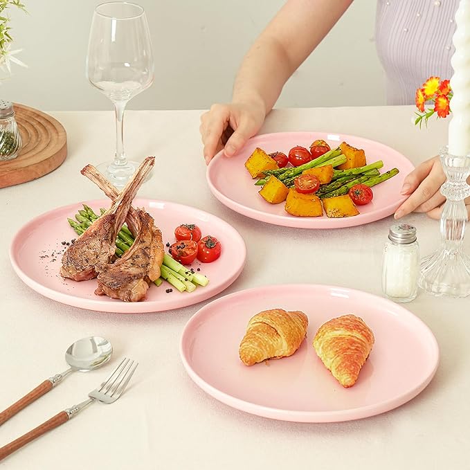 Stoneware Salad Plates Set of 4, 8 Inch Plates for Dessert, Ceramic Plates Sets, Microwave Safe, Dishwasher Safe, Versatile for All Seasons, Pink
