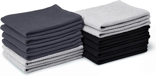 Encasa XO Kitchen Dish Towels Set | Multicolor 3 | Waffle Weave and Flat Hand Tea Towel | 28"x18" | Quick Drying Reusable Cotton Washcloths | Multipurpose Lightweight Dishcloths Set of 12
