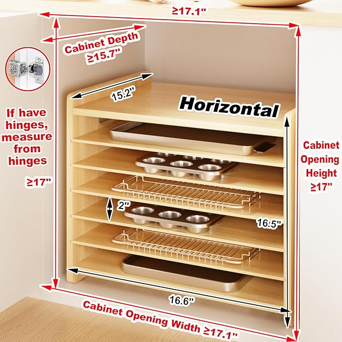 7 Tier Wooden Cookie Sheet Organizer for Cabinet Pot, Pans, Baking Tray Organizer for Kitchen Documents Storage(16.6" W x 16.5" H x 15.2" D)