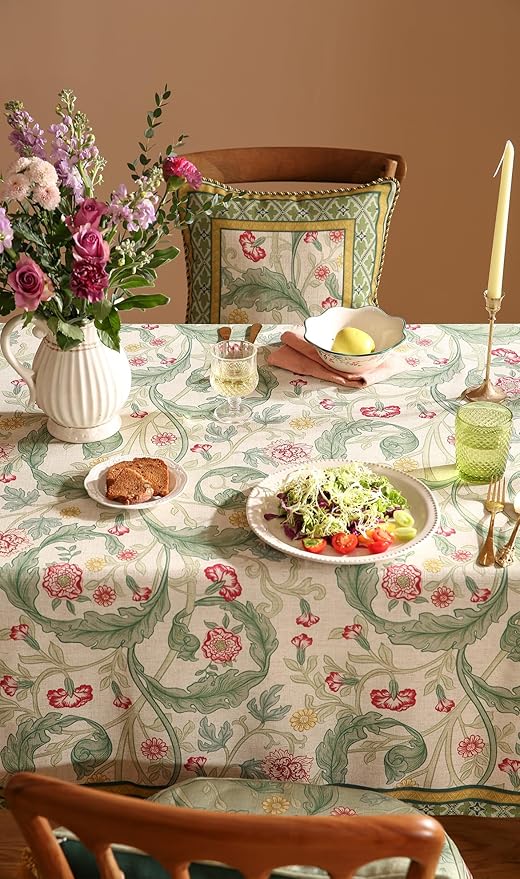 patdrea Designer Green Tablecloth for Rectangle Tables,Vintage Linen with Leaves and Flowers Pattern Tablecloths,Farmhouse Floral Table Cover Cloth Decor for Kitchen Dining Christmas,55"*79"