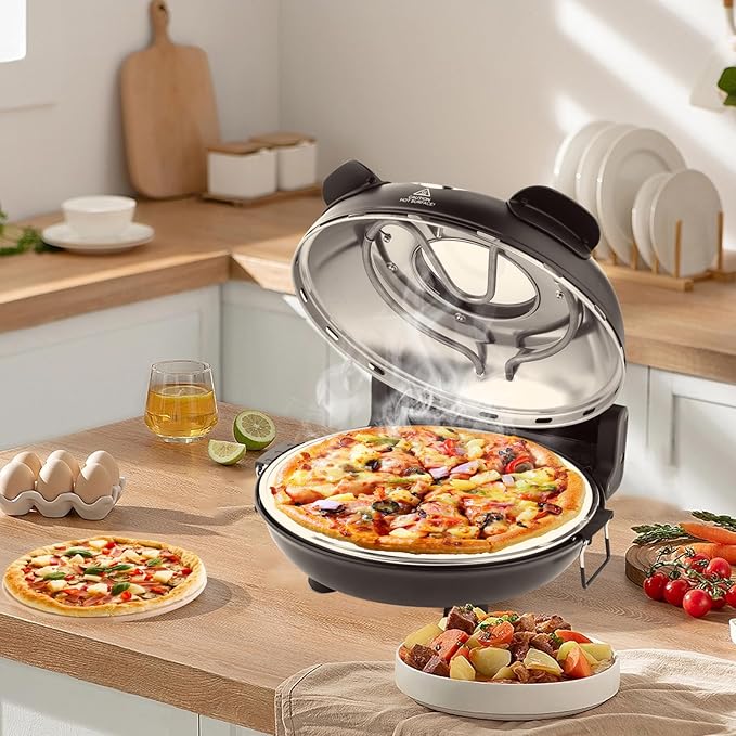 KLAIF 12" Electric Countertop Pizza Oven With Ceramic Stone, Dual Adjustable Temperature Controls, Includes 4 Pizza Tools (Black)