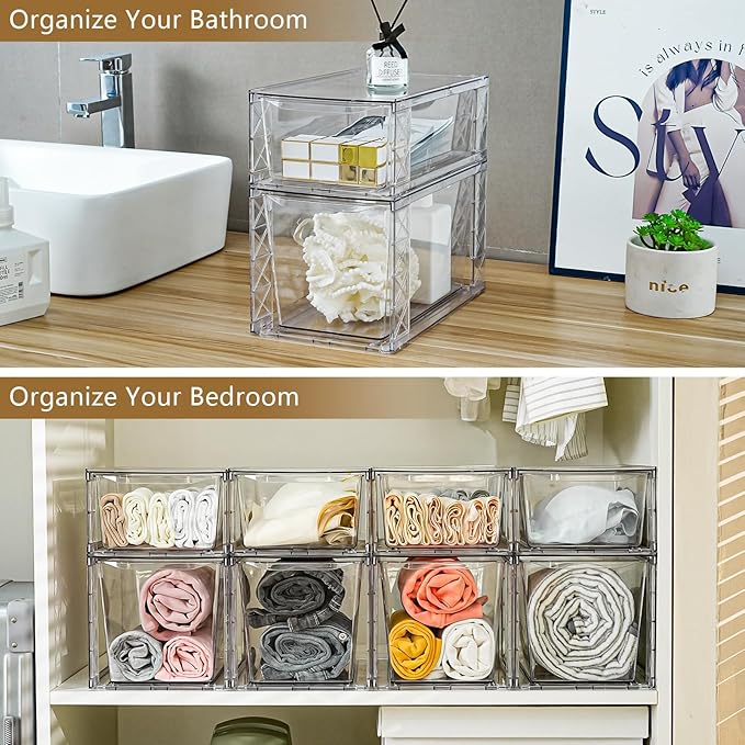 6Pack Stackable Kitchen Storage Organizer, Pantry Organizers and Storage, Clear Foods Organizer Bins with Handles, Easily Assemble for Bathroom, Kitchen, Pantry, Cabinet, Closet