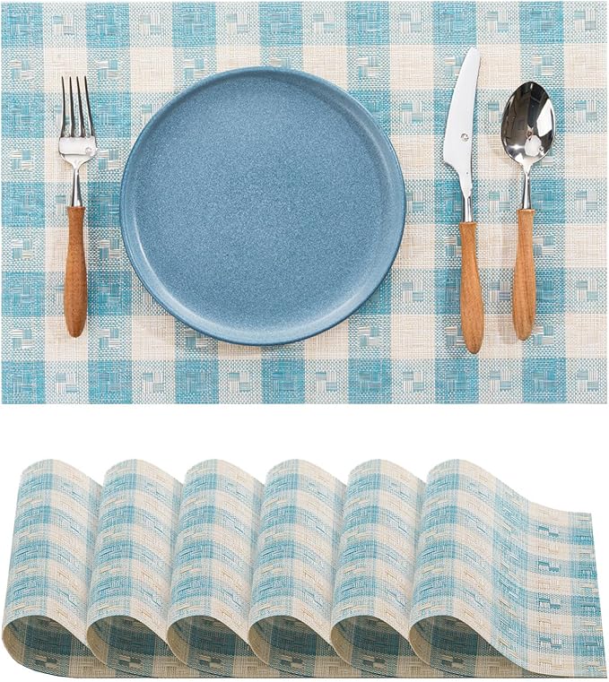 BACKTOEDEN Placemats Set of 6 Heat Resistant Washable Wipeable Placemat Woven Non-Slip Foldable Vinyl/Plastic Place Mats Indoor/Outdoor Mat Kitchen Dining Table Pad, Blue Checkered