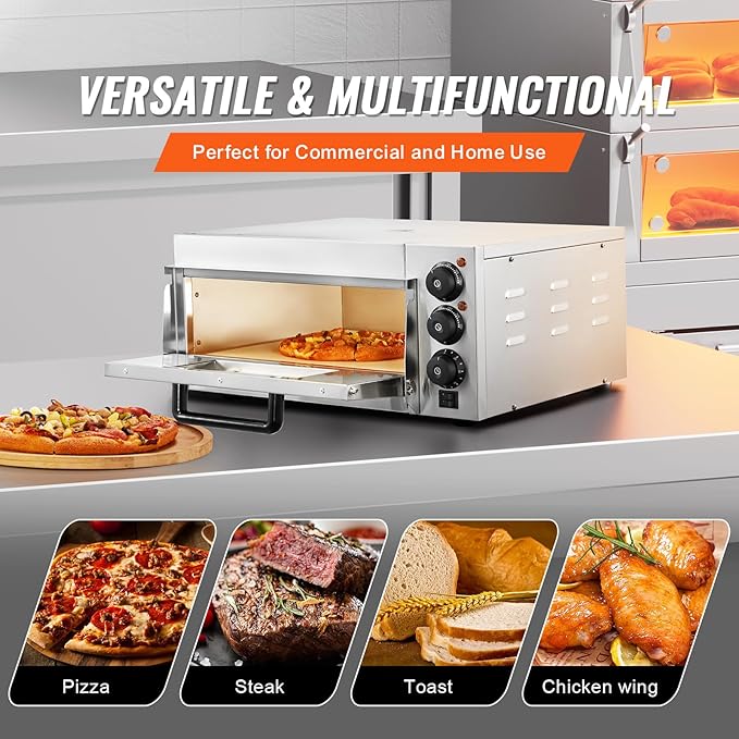 VEVOR Commercial Pizza Oven Countertop, 16" Single Deck Layer, Stainless Steel Electric Pizza Oven with Stone and Handle, Multipurpose Indoor Pizza Maker for Restaurant Home Pretzels Baked