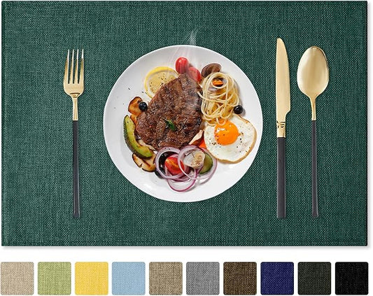Romanstile Cloth Placemats Set of 4-12 x 18 Inch, Heat Resistant Double Layered Thickened Burlap Christmas Place Mats, Washable Linen Farmhouse Table Mats for Kitchen/Dining/Party/Outdoor, Green