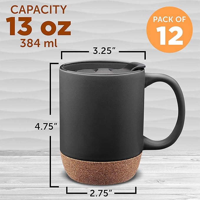 DISCOUNT PROMOS Barista Ceramic Mugs with Cork Bottom 13 oz. Set of 12, Bulk Pack - Perfect for Coffee, Tea, Espresso, Hot Cocoa, Other Beverages - Black